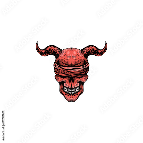 black and white illustration of a hand-drawn devil skull