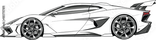 Detailed black and white vector sketch of a modern coupe with aggressive aerodynamic features, large spoiler, and premium alloy wheels, perfect for automotive design.
