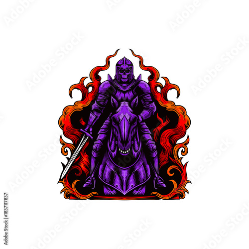 black and white illustration of a knight riding a horse hand drawn