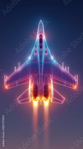 Futuristic Neon Jet Fighter Wireframe with Glowing Thrusters in Digital Night Sky.
