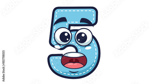 Cute Light Blue Number Five Character with Big Googly Eyes and Wide Open Mouth Expression on Black Background Cartoon Style Digital Art