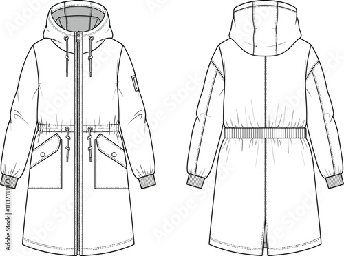 Long parka coat sketch, fashion technical drawing, hooded outerwear template, front back view, garment design sheet, winter apparel illustration, AW23 season, vector outline