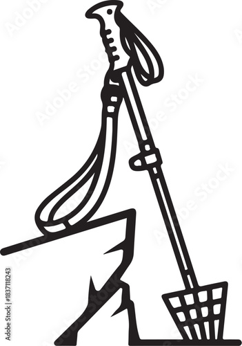 Trekking poles and shovel on a rocky surface Keywords: trekking poles, shovel, hiking, rock