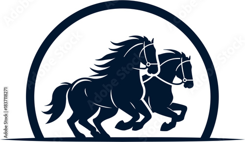 silhouette logo design of 3 running horses in dark blue
