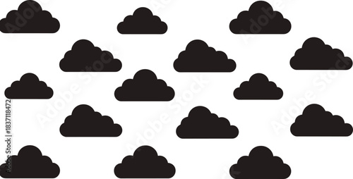 Black Silhouette Vector Collection of Simple Cartoon Clouds in Various Sizes, Icons of Weather Elements for Meteorological Graphics, Sky Backgrounds, and Flat Design