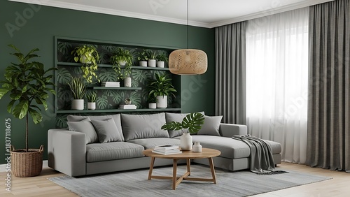 Modern living room interior with a grey sofa against a dark green wall with houseplants.