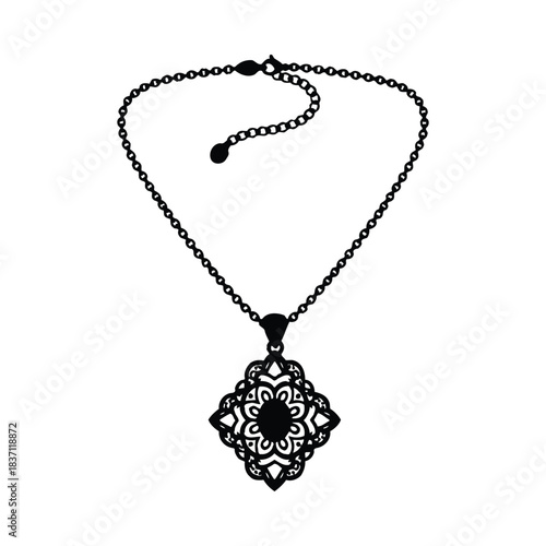 Wallpaper Mural Ornate Black Pendant Necklace with Intricate Floral Design on White Background jewelry Torontodigital.ca
