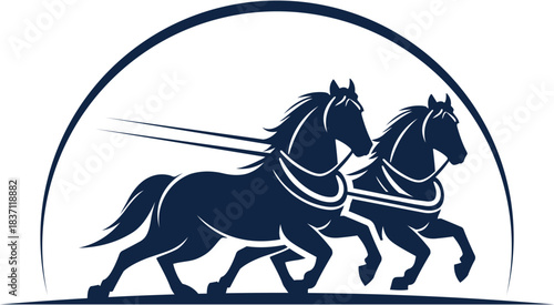 silhouette logo design of 2 running horses in dark blue