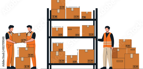 Warehouse workers, box handling, logistics teamwork, inventory management, storage shelves, cardboard boxes, safety vest, teamwork illustration, vector art, organized warehouse