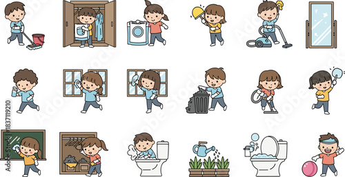 Children, chores, household, cleaning, cartoon, kids, activities, responsibility, mopping, laundry, vacuuming, trash, plants, toilet, windows, grid, colorful, playful, education, hygiene