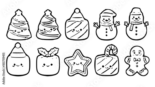 Black and White Marshmallow Christmas Vector – Cute Kawaii Holiday Line Art