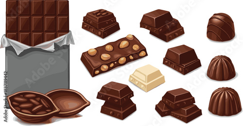 Chocolate variety, truffles, cocoa pods, chocolate bar, nuts, white chocolate, dessert, sweets, confectionery, illustration, vectorus