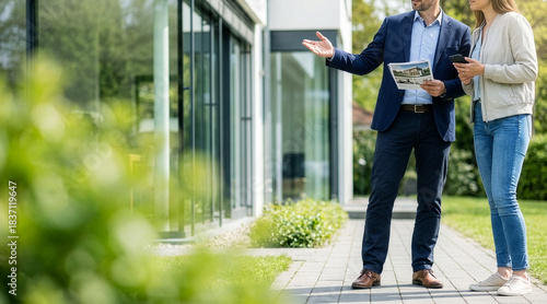 real estate agent presenting house to customer outdoors. banner with copy space