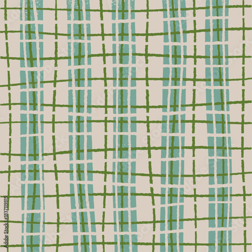 Hand drawn checkered grid seamless pattern in green and teal on beige background
