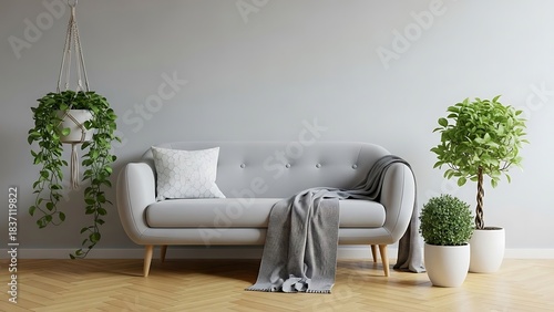 Modern Living Room Sofa with Lush Green Plants and Minimalist Decor.