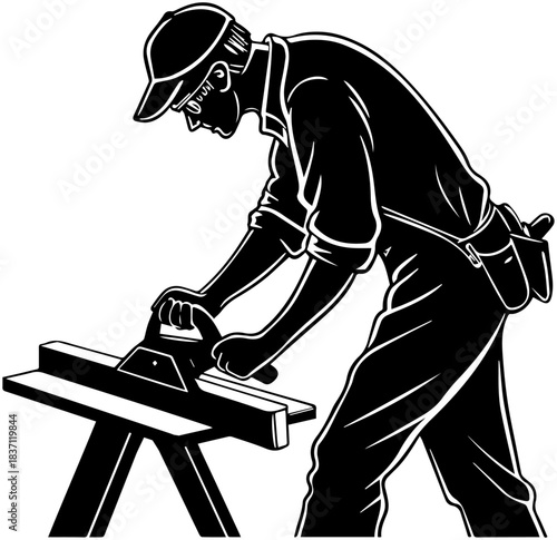 Carpentry Silhouette – Woodworker Using Hand Plane on Sawhorse