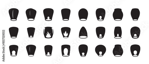 Assortment of 24 sky lantern icons with distinct shapes and internal elements for various uses