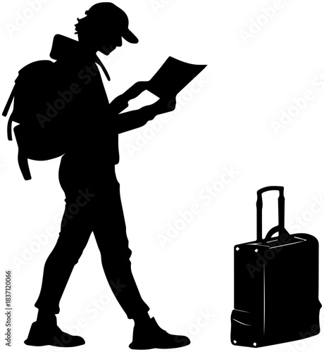 Travel Silhouette – Person Reading Map with Backpack and Suitcase