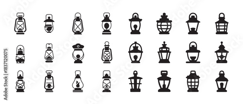 Old gas lanterns and oil lamps flat vector icons set, collection of antique light sources