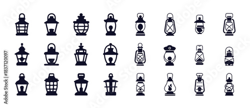 Old gas lanterns and oil lamps flat vector icons set, collection of antique light sources