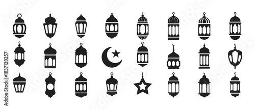 Set of islamic ramadan lanterns and moon star icons vector illustration for eid al fitr mubarak