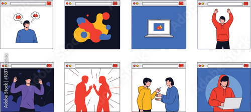 Emotion, interaction, browser, illustration, digital, sadness, creativity, conflict, celebration, abstract, argument, focus, online, expressive, cartoon, people, mood, communication, collage, concept