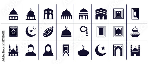 Islamic religion and culture solid glyph icons set. ramadan traditional symbols, mosque and prayer