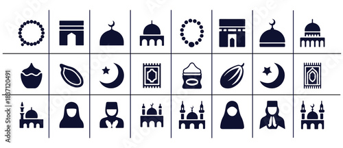 Islamic religion and culture solid glyph icons set. ramadan traditional symbols, mosque and prayer