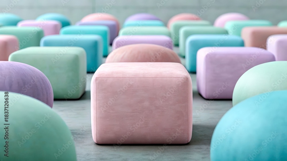Obraz premium Colorful soft seating cubes arranged in a modern indoor space during the daytime