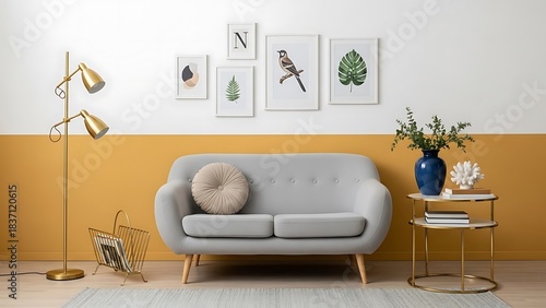 Modern Living Room with Gray Sofa and Botanical Art.