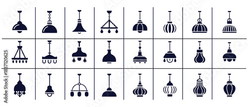 Chandelier and pendant light flat icons set for interior design hanging ceiling lamps collection