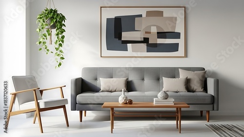 Modern Living Room with Gray Sofa and Abstract Art.