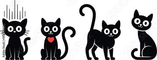 Cartoon black cats illustration, emotional expressions, playful poses, vector graphic, pet theme, feline art, fun design, animal character