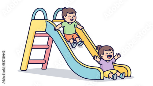 Energetic and gleeful young children experience pure happiness as they race down a colorful playground slide, symbolizing joyful childhood and active playtime fun