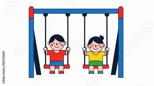 Two happy cartoon children playing on a blue and red swing set, enjoying their time outdoors.