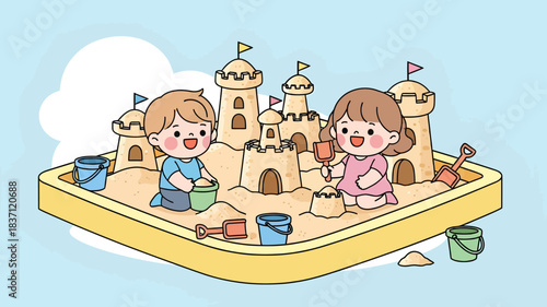 Cute cartoon illustration of two happy children playing in a sandbox, building elaborate sandcastles with buckets and shovels.