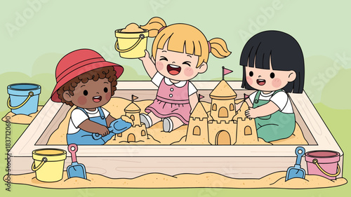 Three happy diverse children playing in a sandbox, building sandcastles with buckets and shovels, enjoying outdoor playtime.