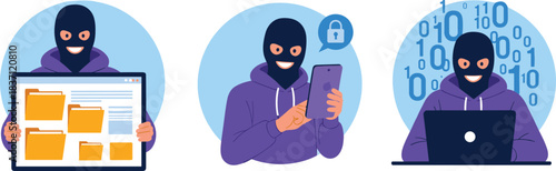 Hacker cartoon, cybercrime illustration, data breach, mobile hacking, laptop intrusion, ski mask, purple hoodie, binary code, cybersecurity concept, vector art