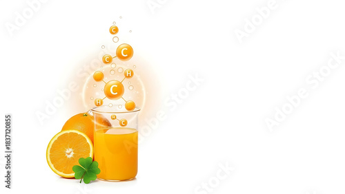 A glass of orange juice with vitamin C molecules on a white background.