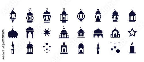 Islamic lantern and mosque icons featuring stars moon minarets and candle for ramadan celebration