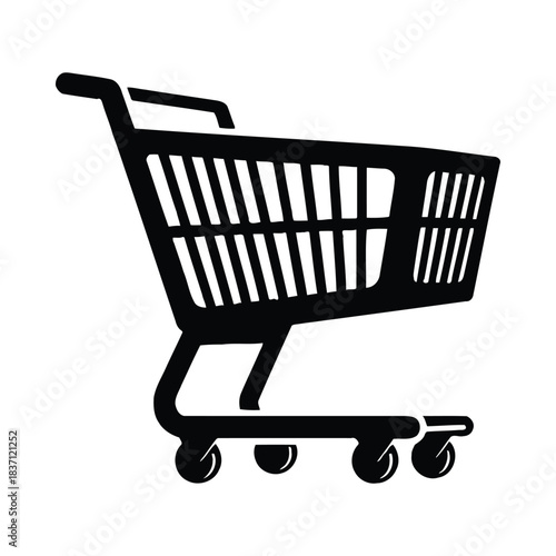 Black Silhouette Shopping Cart Icon on White Background Keywords: shopping cart, trolley, cart, supermarket, grocery
