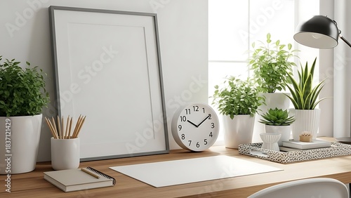Desk with plants, clock, frame, and lamp, creating a cozy workspace.