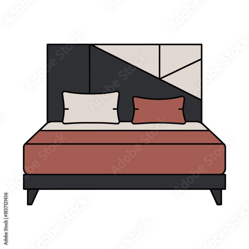 A modern, geometric-patterned headboard adorns a stylish bed with two pillows and a terracotta duvet.