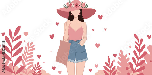 Stylish woman wearing a pink hat and denim shorts with shopping bag