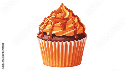Delicious chocolate cupcake with caramel frosting and dripping caramel sauce on a black background perfect for sweet treat enjoyment