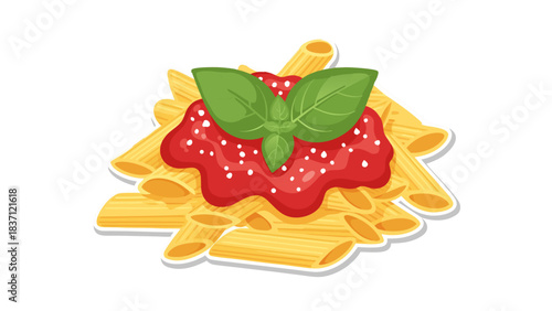 Delicious Penne Pasta Dish Topped With Vibrant Red Tomato Sauce And Fresh Green Basil Leaves Isolated On Black Background A Close Up Studio Shot Of Italian Cuisine