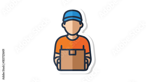 Delivery Man Icon Wearing Blue Cap and Orange Shirt Holding a Cardboard Box Package with Sticker Border Isolated on Black Background Minimalist Design