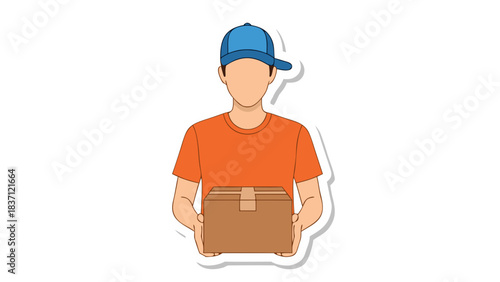Delivery Person Wearing Blue Cap and Orange T-Shirt Holding a Cardboard Box Package With White Outline and Shadow on Black Background
