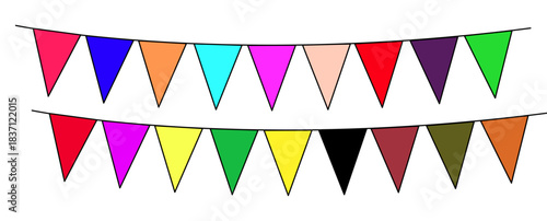 Colorful triangular pennant flags hanging in two horizontal strings vibrant party decor with red blue green yellow pink purple festive celebration theme