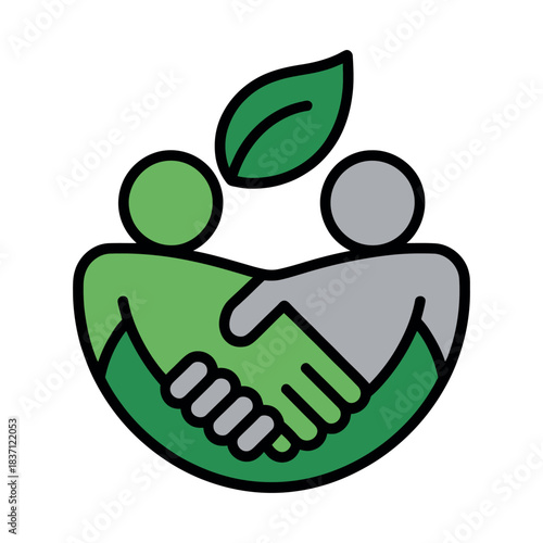 Two stylized figures shaking hands, symbolizing environmental cooperation and partnership.
